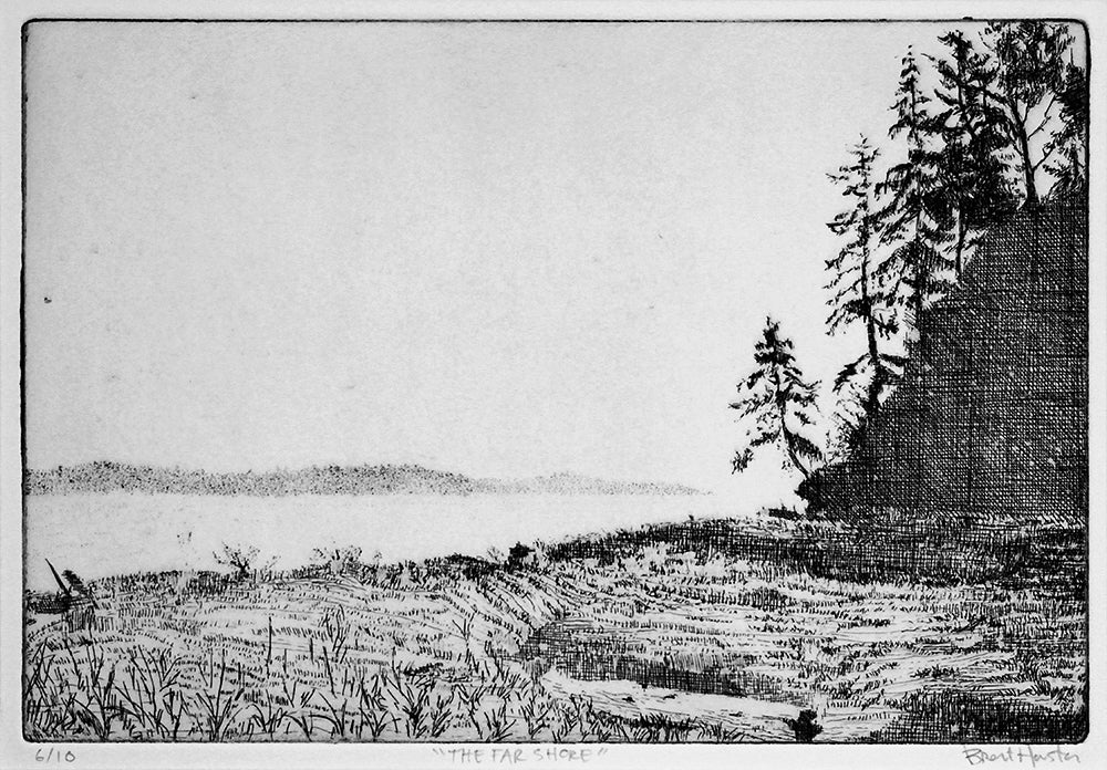 Black and white etching of a landscape with trees and a cliff.