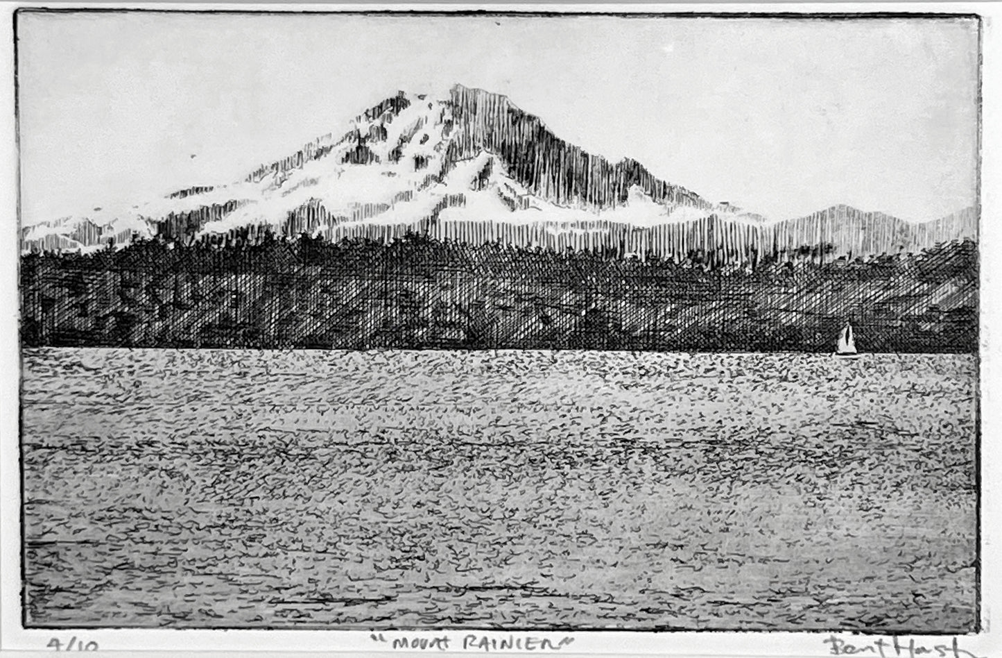 Black and white etching of a Mount Rainier landscape with a lake and sailboat.
