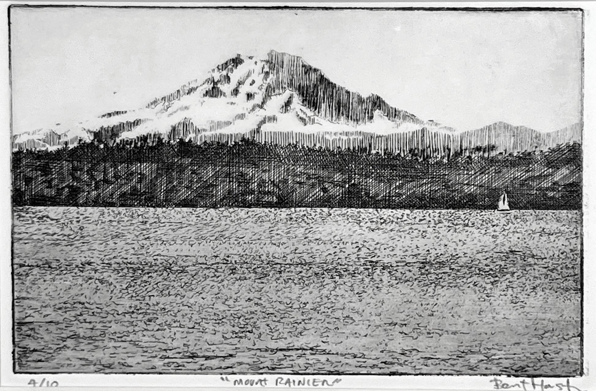 Black and white etching of a Mount Rainier landscape with a lake and sailboat.