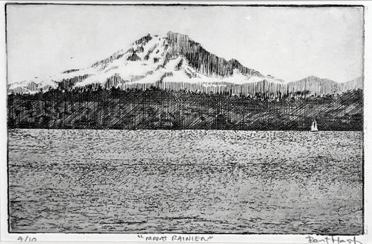 Black and white etching of a Mount Rainier landscape with a lake and sailboat.