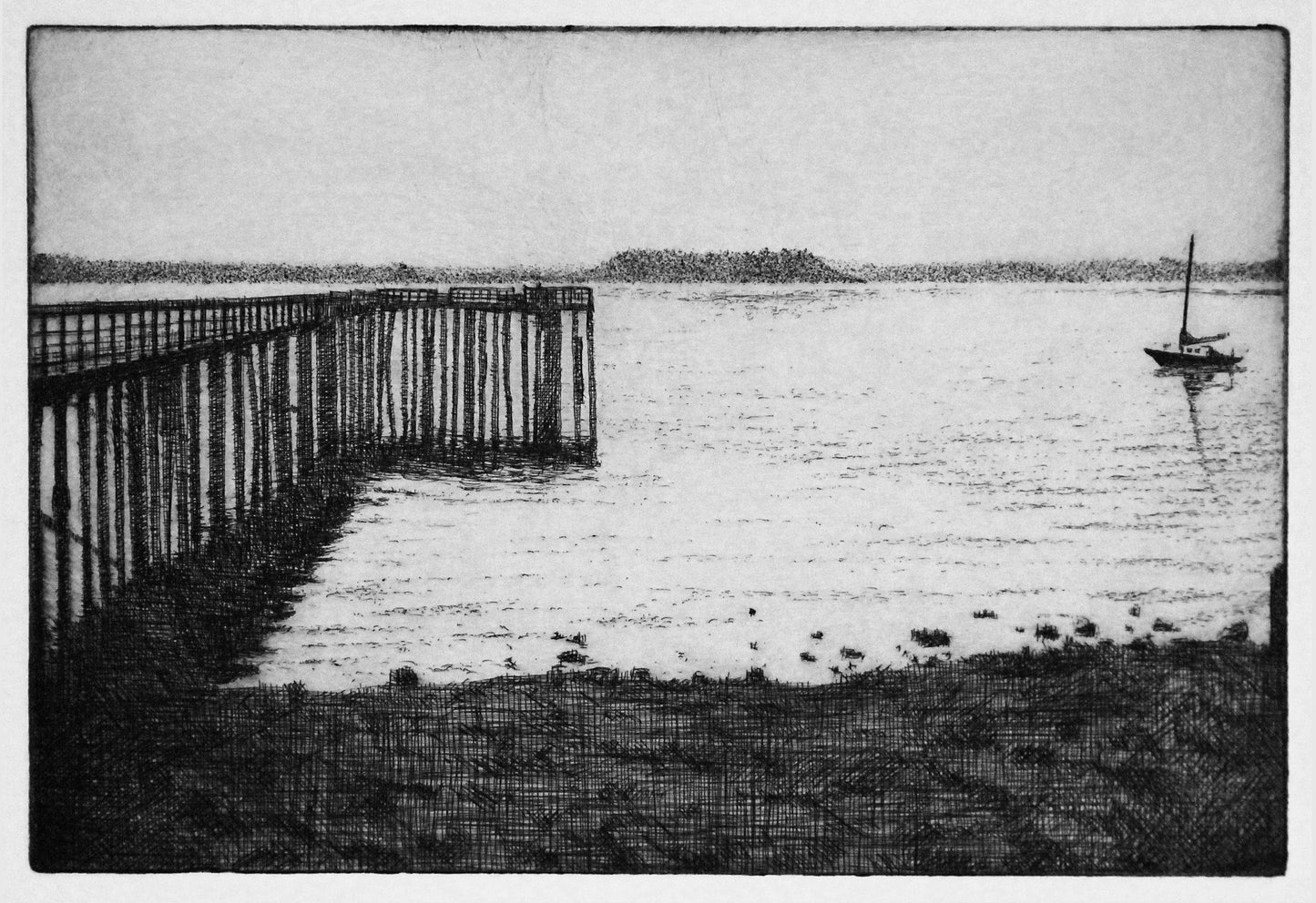 Intaglio copper plate etching of Tramp Harbor, Vashon.